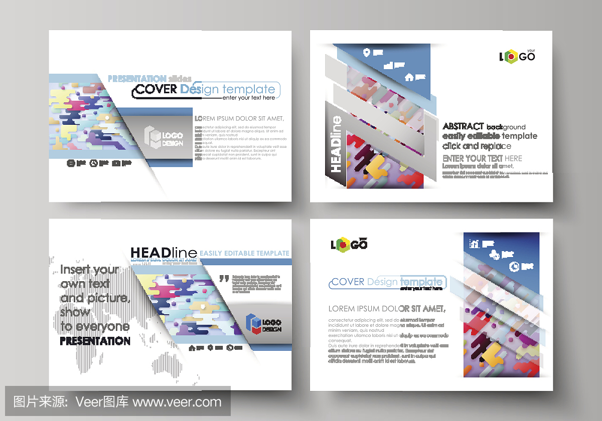 演示幻燈片的業務模板。抽象矢量設計布局。明亮的顏色線條和點,豐富多彩的極簡主義背景與幾何形狀形成美麗的極簡主義背景